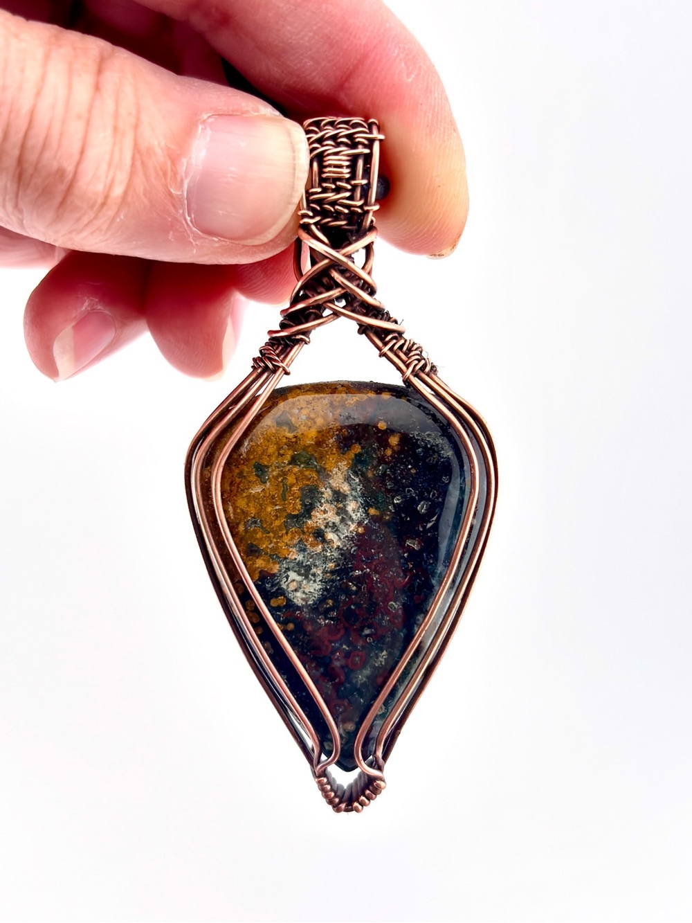HANDMADE Ocean Jasper Copper Wire Wrap Pendant Necklace Adjustable Leather Cord